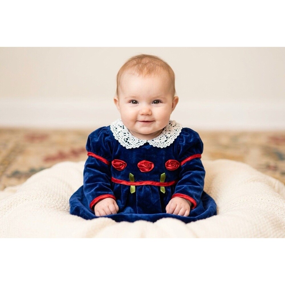 Vintage Velvet Navy Blue Baby Dress White Lace Peter Pan Collar Floral 6 -9 Read